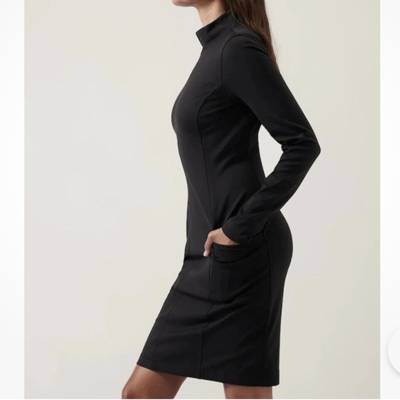 Athleta Dresses & Skirts - Athleta Delancey Black Half Zip Long Sleeve Mock Neck Dress with Pockets-SP